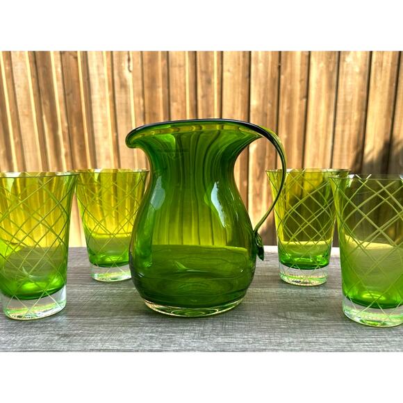 Neiman Marcus Cut-Glass Design Pitcher and Glasses Set-Made in Poland-Rare FInd - Picture 2 of 12